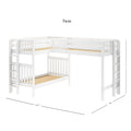 White L-shaped twin loft bunk bed with twin-over-twin layout, safety guardrails, dual ladders and wood slat support — space-saving kids bedroom furniture, 122.5" x 80" x 71