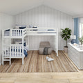 Modern farmhouse kids bedroom with white wooden L-shaped bunk bed and ladder, blue-and-white bedding, natural jute rug, beige beanbag, white dresser, potted fiddle-leaf fig, light hardwood floor, shiplap walls, and a large window with blue curtains