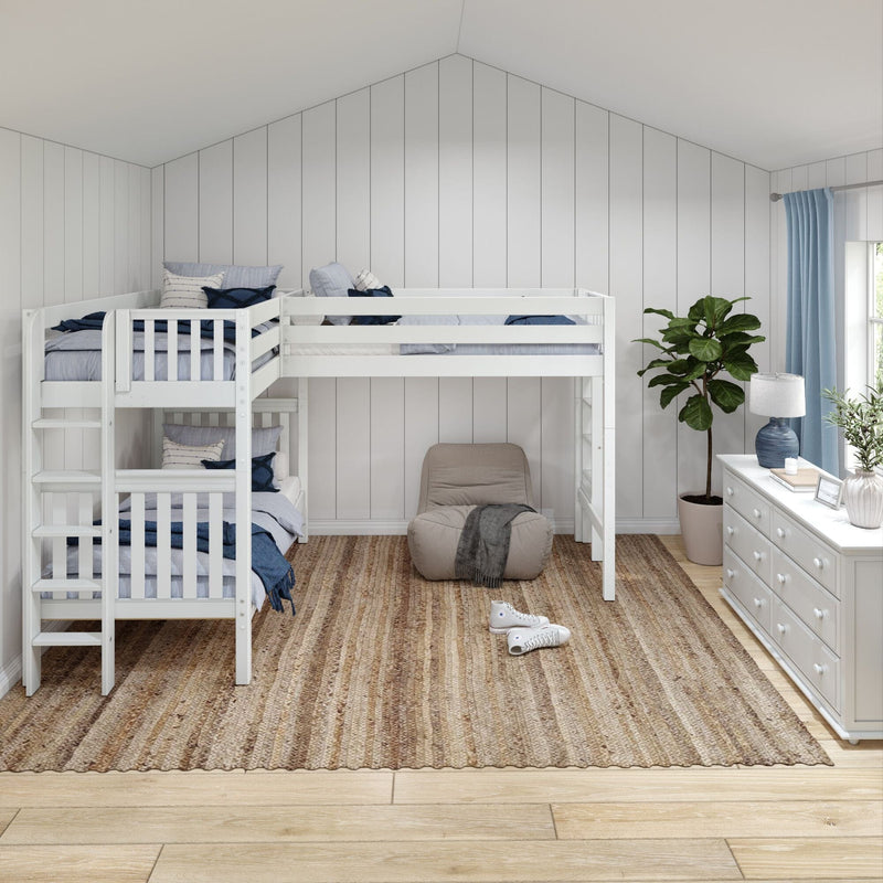 Modern farmhouse kids bedroom with white wooden L-shaped bunk bed and ladder, blue-and-white bedding, natural jute rug, beige beanbag, white dresser, potted fiddle-leaf fig, light hardwood floor, shiplap walls, and a large window with blue curtains