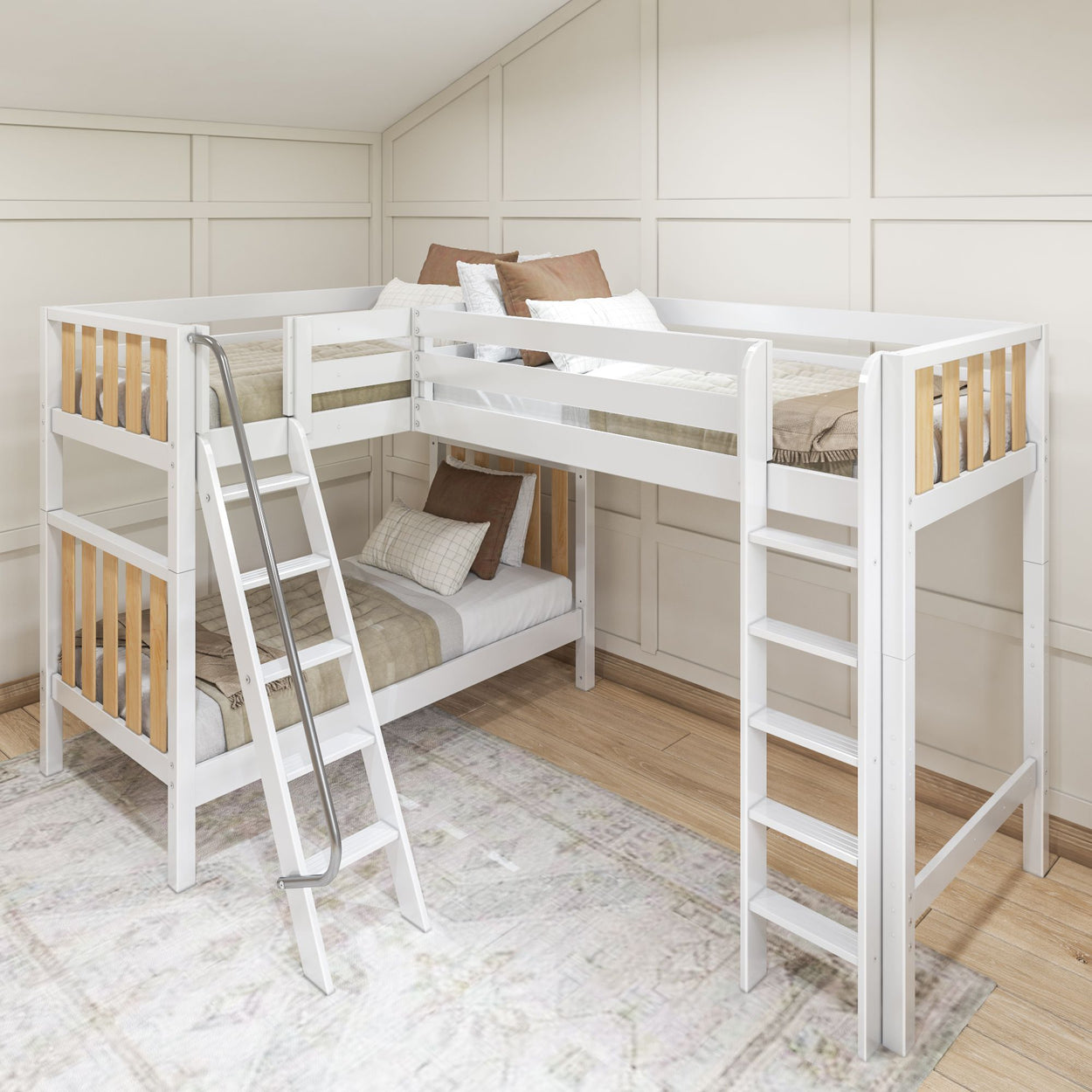White L-shaped bunk bed with ladders and cozy bedding in a modern bedroom setting.