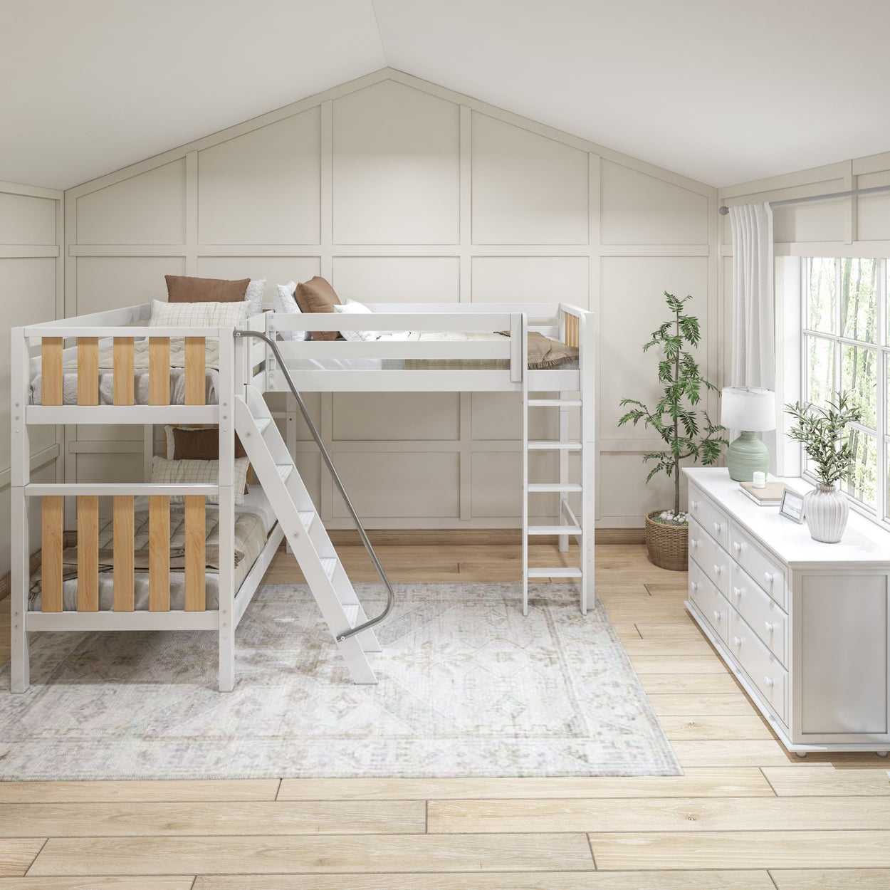 White wooden loft bed with ladder in a bright, modern bedroom with white paneled walls and wooden floor.