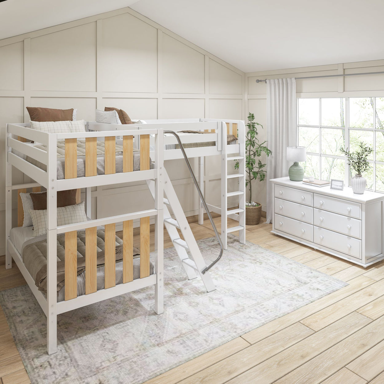 White wooden bunk bed with ladder and slide in a bright bedroom, featuring natural lighting, wooden flooring, and a dresser by the window.