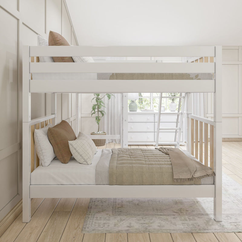 White wooden bunk bed with ladder in a bright neutral bedroom, beige quilted bedding and pillows, hardwood floor, area rug and dresser under a sunlit window
