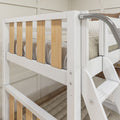 White wooden twin-over-twin bunk bed with natural wood slats, integrated staircase and metal handrail in modern kids' bedroom.