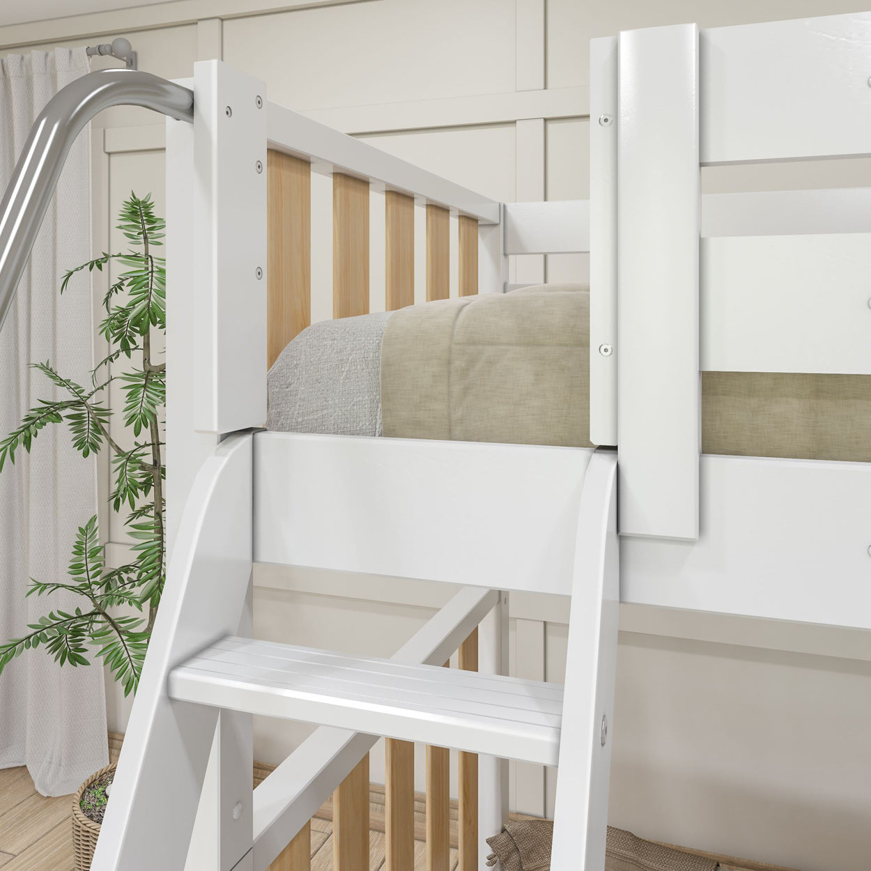White loft bed with ladder and wooden accents in a modern bedroom setting.