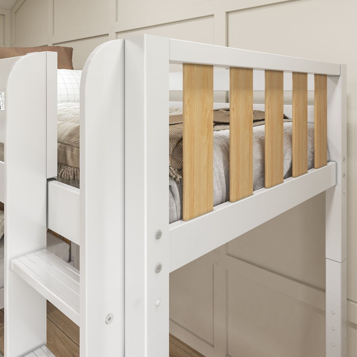 White loft bed with wooden accents and cozy bedding in a modern bedroom.