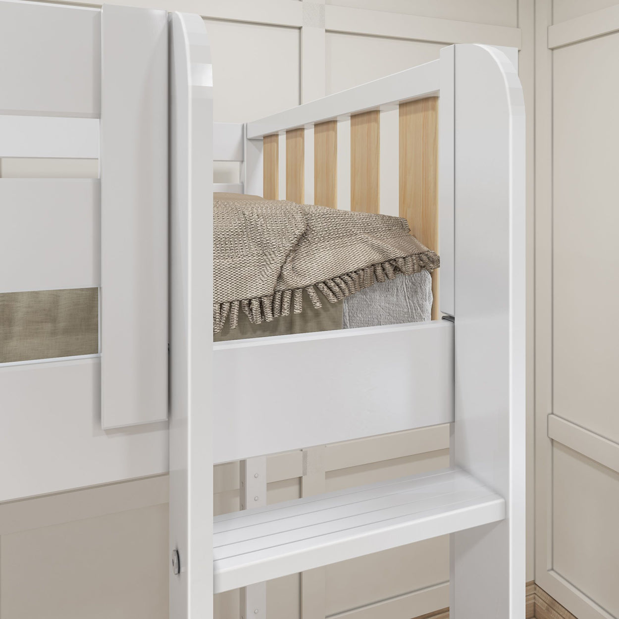 White wooden bunk bed with safety rail and beige bedding in modern bedroom.
