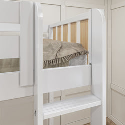 White wooden bunk bed with safety rail and beige bedding in modern bedroom.