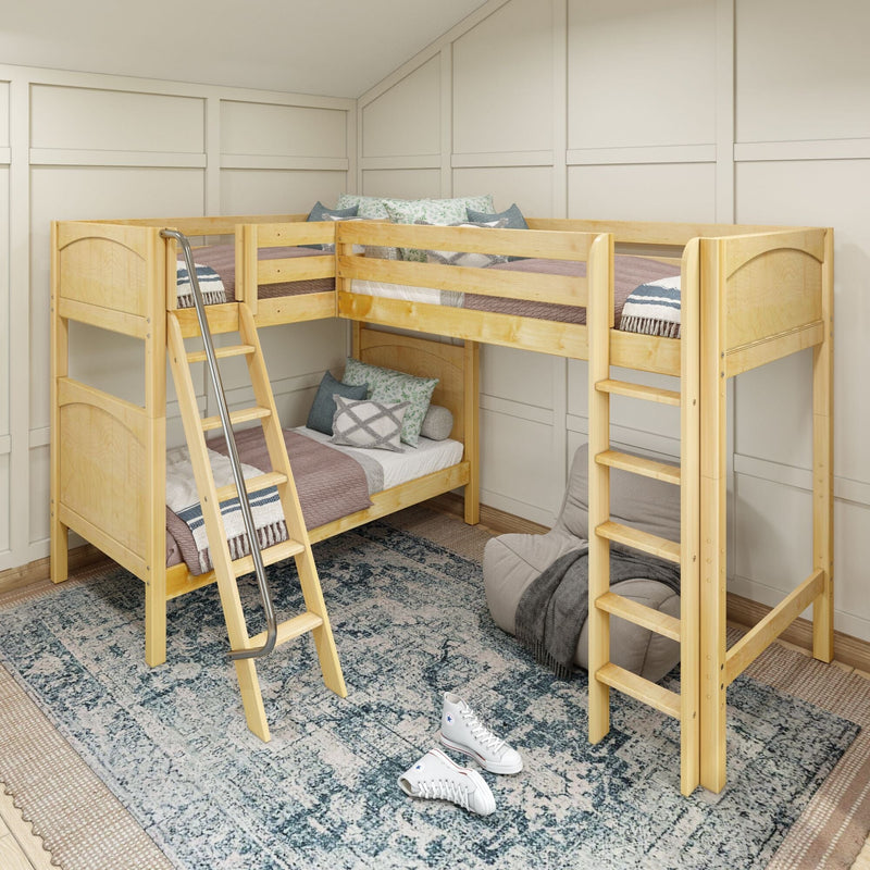 Light wood L-shaped children's bunk bed with ladders in cozy kids' bedroom, neutral bedding, patterned area rug and bean bag chair