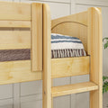 Close-up of light natural pine bunk bed ladder and guardrail with blue-striped fringed blanket on upper bunk, solid wood kids loft bed frame in bedroom
