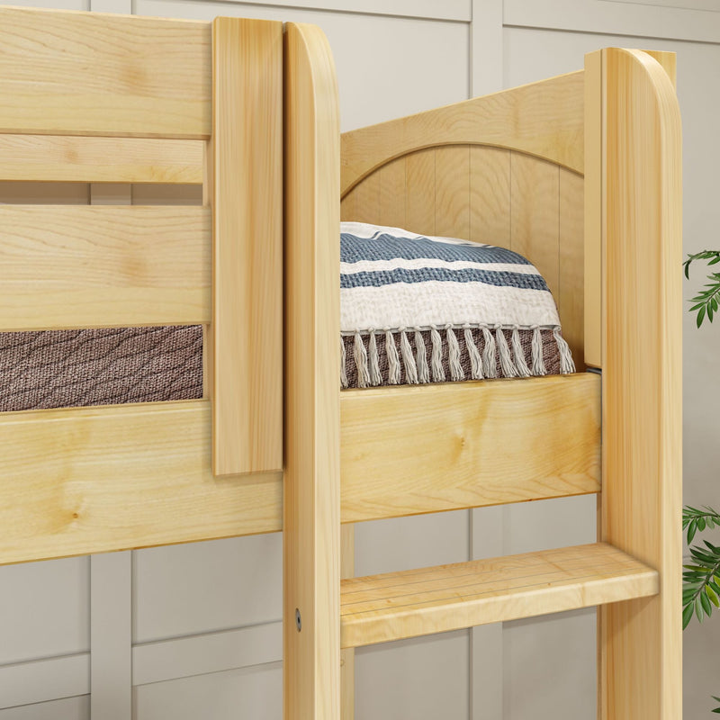Close-up of light natural pine bunk bed ladder and guardrail with blue-striped fringed blanket on upper bunk, solid wood kids loft bed frame in bedroom