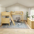 Cozy children's bedroom with natural wood twin-over-twin bunk bed, angled ladder and metal handrail, patterned area rug, wooden dresser and plants in a bright modern farmhouse style.