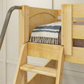 Wooden bunk bed ladder and safety rail in light natural wood with a striped fringe throw on the mattress