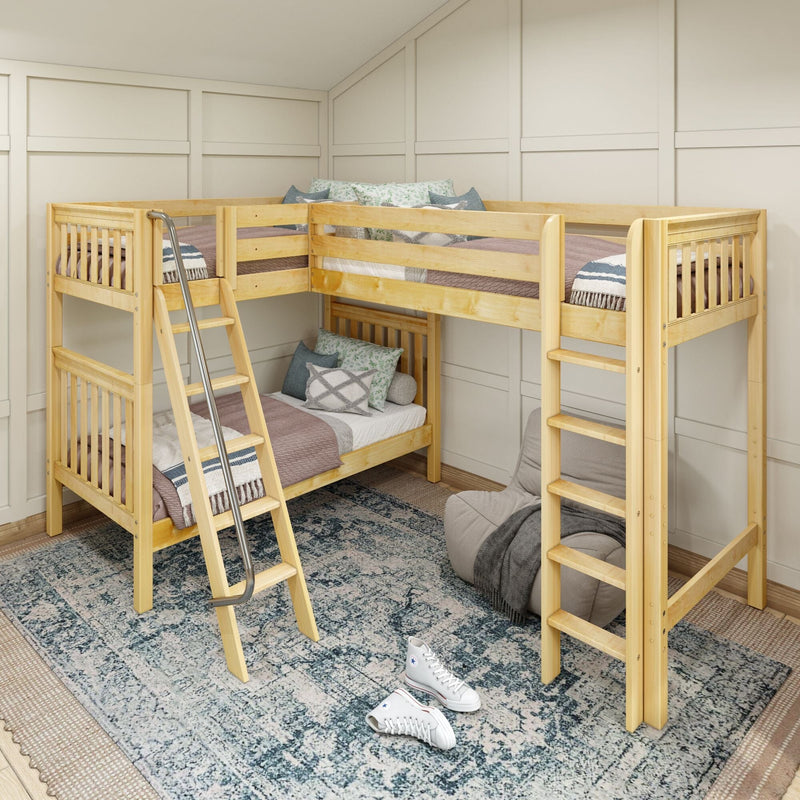 L-shaped wooden twin-over-twin bunk bed in kids' bedroom with ladders, neutral bedding, decorative pillows, patterned area rug and cozy floor chair