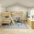 Natural wood twin-over-twin bunk bed with ladder and metal handrail in a bright children's bedroom featuring a patterned rug, wooden dresser, potted plants, and window light