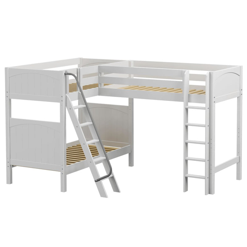 White L-shaped wooden loft bunk bed with twin slatted mattress frames, angled ladder with metal handrail, integrated safety rails and space-saving design for kids' bedroom