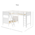 White wooden L-shaped twin loft bunk bed with twin-over-twin layout, angled ladder and safety guardrails, space-saving kids bedroom furniture (122.5" x 80" x 71").