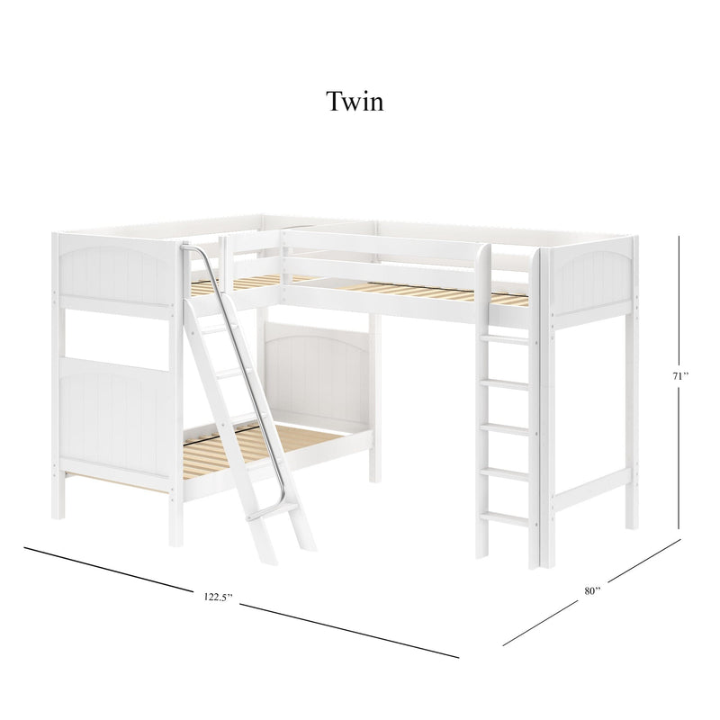 White wooden L-shaped twin loft bunk bed with twin-over-twin layout, angled ladder and safety guardrails, space-saving kids bedroom furniture (122.5" x 80" x 71").