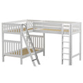 White L-shaped loft bunk bed with ladder and safety rails, slatted platform, solid wood construction, space-saving corner design for kids' bedroom