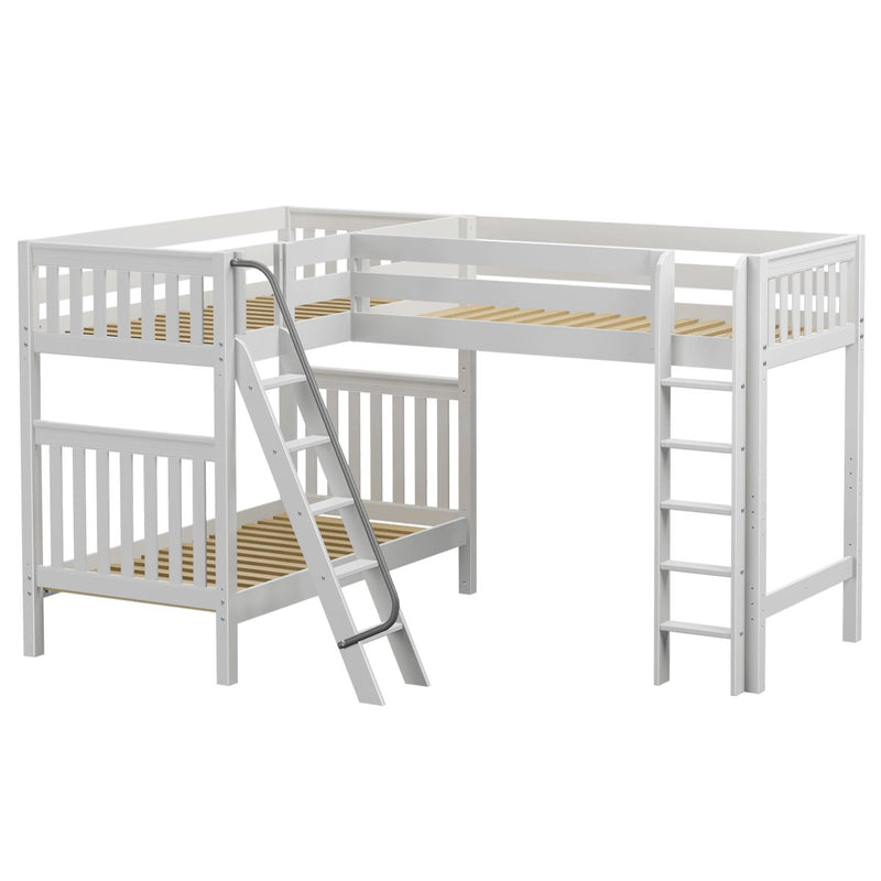 White L-shaped loft bunk bed with ladder and safety rails, slatted platform, solid wood construction, space-saving corner design for kids' bedroom