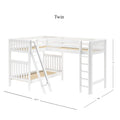White L-shaped twin-over-twin loft bunk bed with angled and vertical ladders, slatted wood mattress supports and guardrails, 122.5 in x 80 in x 71 in