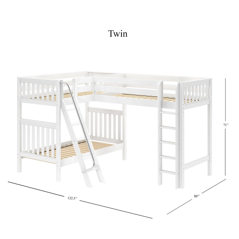 White L-shaped twin-over-twin loft bunk bed with angled and vertical ladders, slatted wood mattress supports and guardrails, 122.5 in x 80 in x 71 in