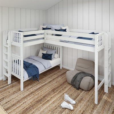 White L-shaped bunk bed with blue bedding and pillows in a cozy, modern bedroom with a striped rug and a soft gray chair.