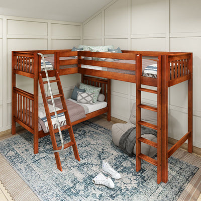 Elegant wooden loft bed with lower bunk in stylish bedroom, featuring cozy cushions and soft lighting.