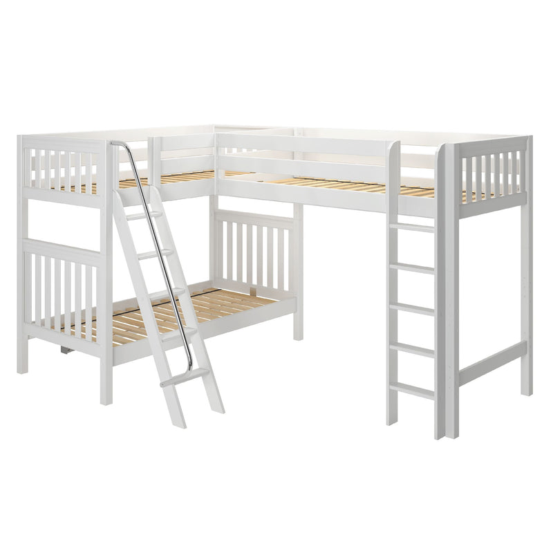 White wooden L-shaped loft bunk bed with twin slatted frames, built-in ladder and safety rails, space-saving kids bedroom furniture