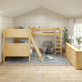 Natural wood bunk beds in a cozy children's bedroom with beige board-and-batten walls, ladder, dresser and area rug
