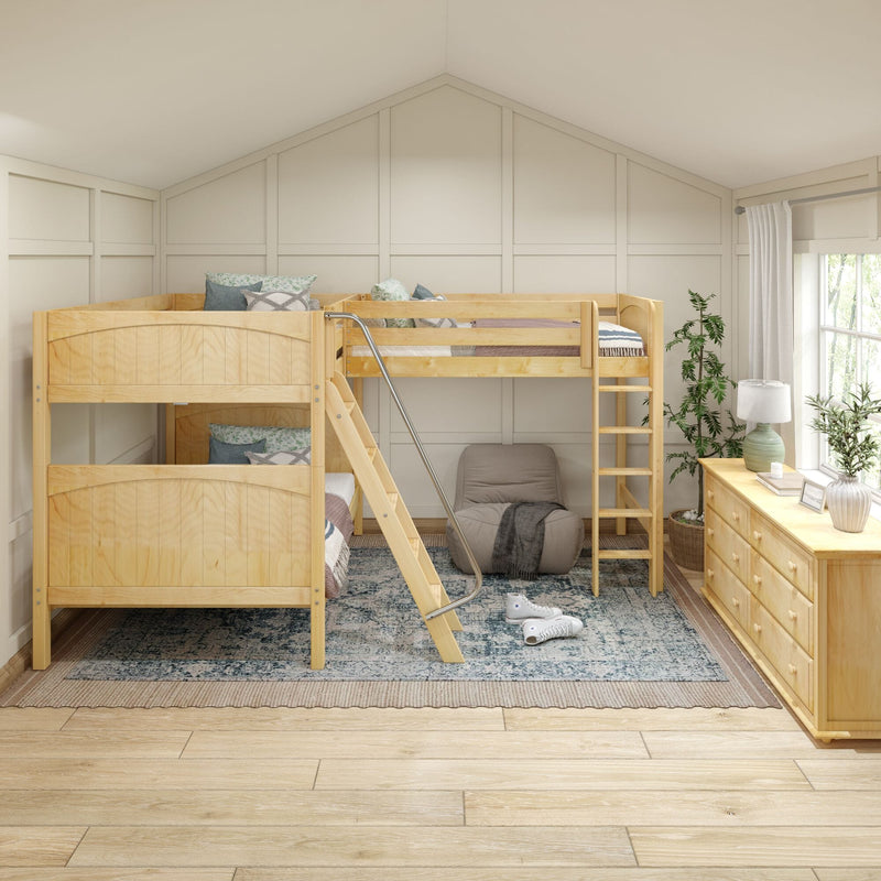 Natural wood bunk beds in a cozy children's bedroom with beige board-and-batten walls, ladder, dresser and area rug