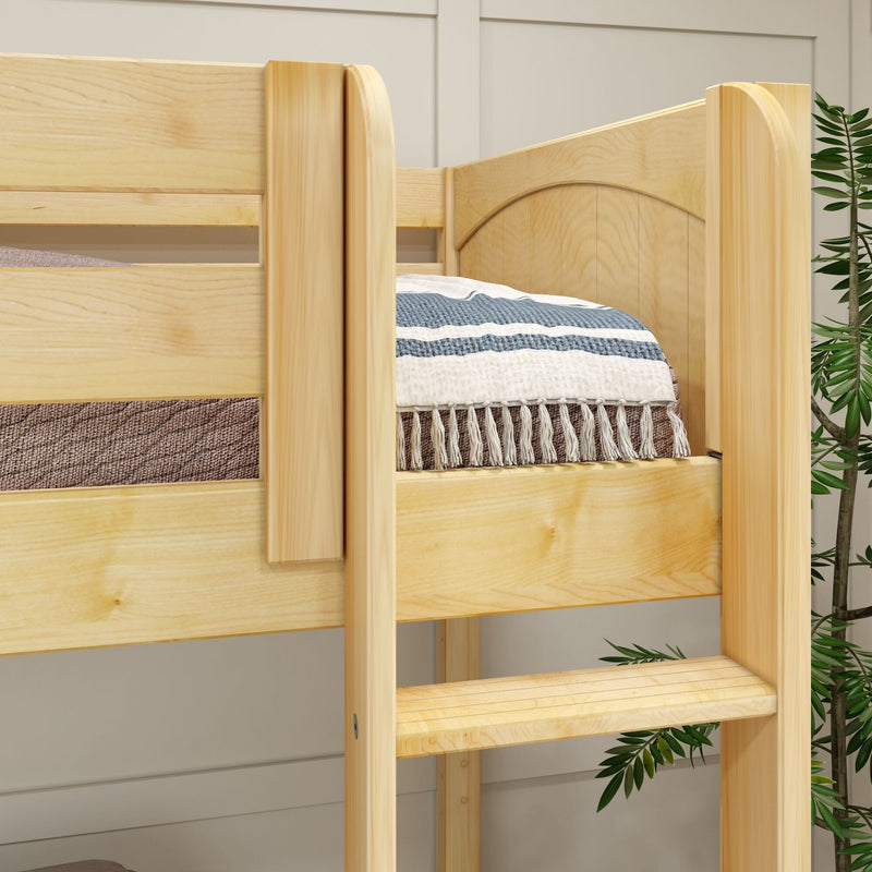 Close-up of natural pine bunk bed ladder and side rail showing wood grain and woven mattress with blue-striped quilt in a modern kids' bedroom