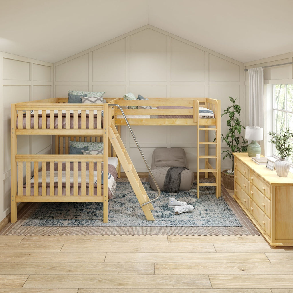 L-shaped natural wood bunk bed with ladder and metal slide in bright kids' bedroom with dresser, patterned rug, beanbag chair, and indoor plants