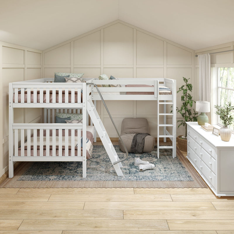 Modern neutral kids' bedroom with white twin-over-twin bunk beds, ladder and safety rail, board-and-batten walls, white dresser, lamp and indoor plants