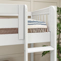White wooden bunk bed with ladder and safety rails, blue-striped quilt and woven fringe throw in a neutral kids' bedroom with plant