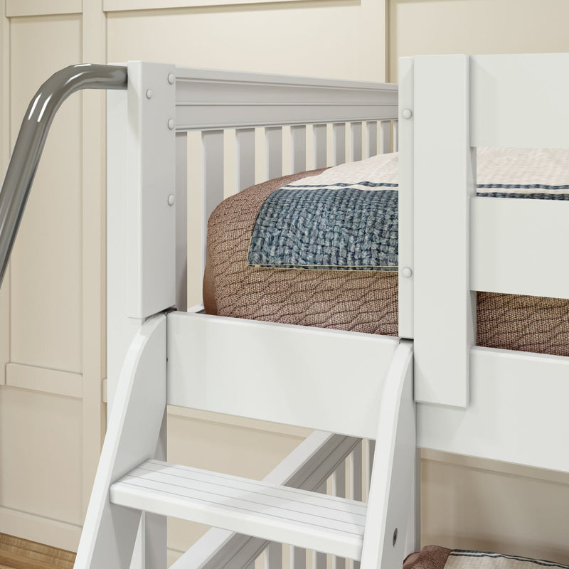 Close-up of white wooden children's bunk bed ladder and safety guardrail with brown textured bedding and blue knit throw against a beige paneled wall