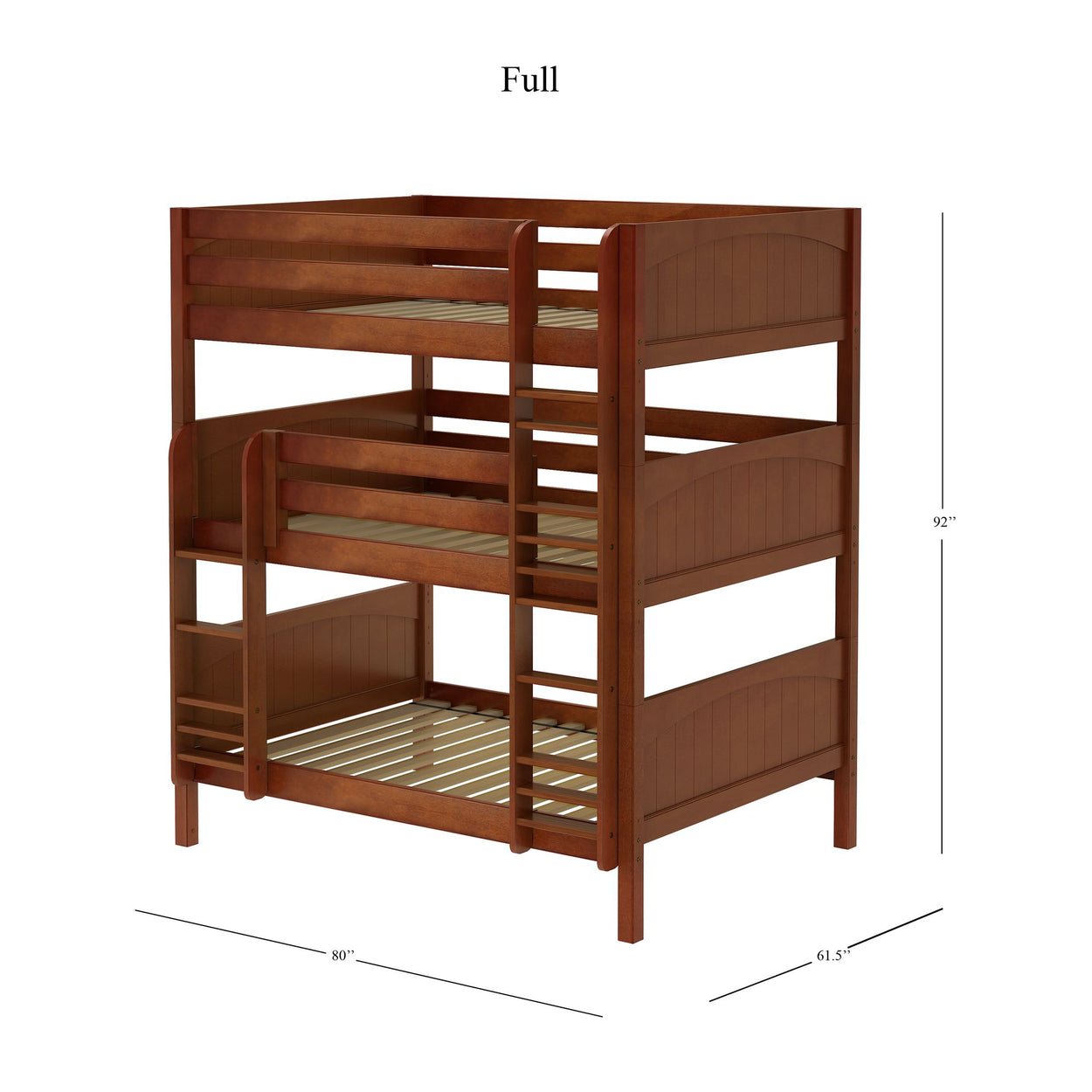 Full-size wooden triple bunk bed with measurements of 92 inches height, 80 inches width, and 61.5 inches depth.