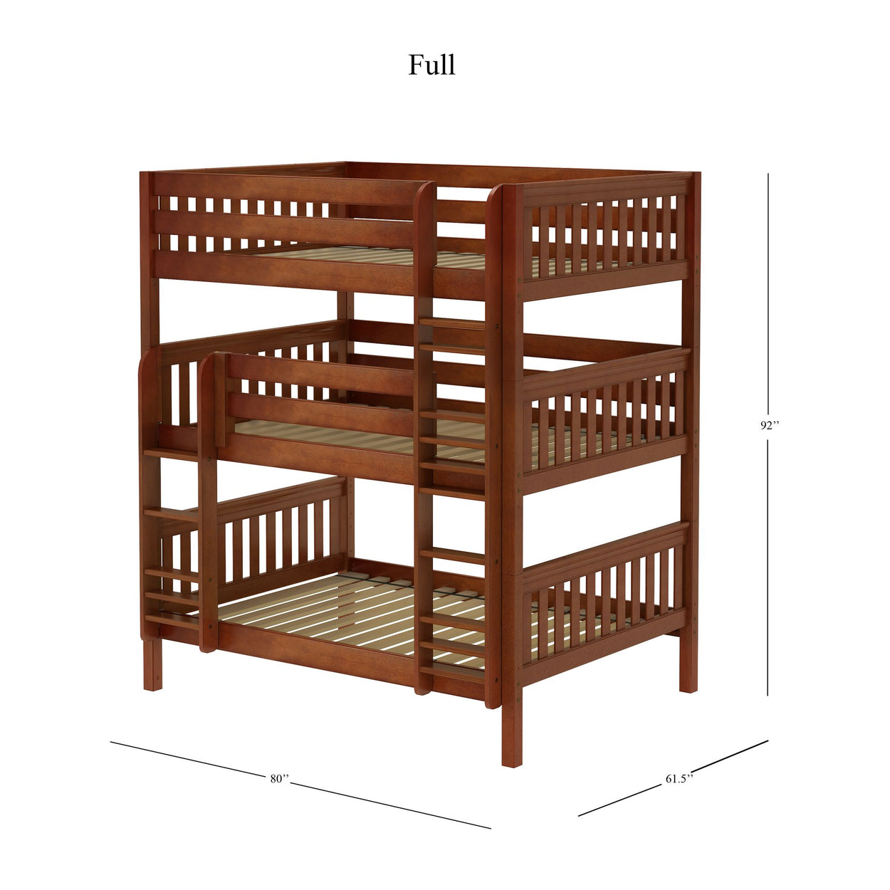 Triple-decker full-size wooden bunk bed with ladder and safety rails, room-saving design for shared bedrooms.