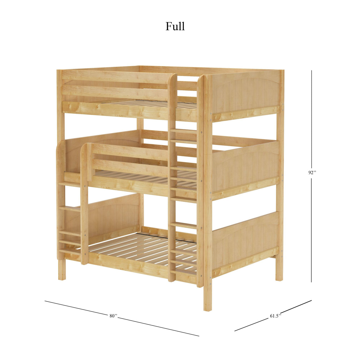 Full-size wooden triple bunk bed with ladder and safety rails, 92 inches tall and 80 inches wide.