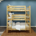 Natural maple bunk bed with integrated ladder, white and gray bedding, and blue paneled wall — solid wood kids' bunk bed for modern bedroom