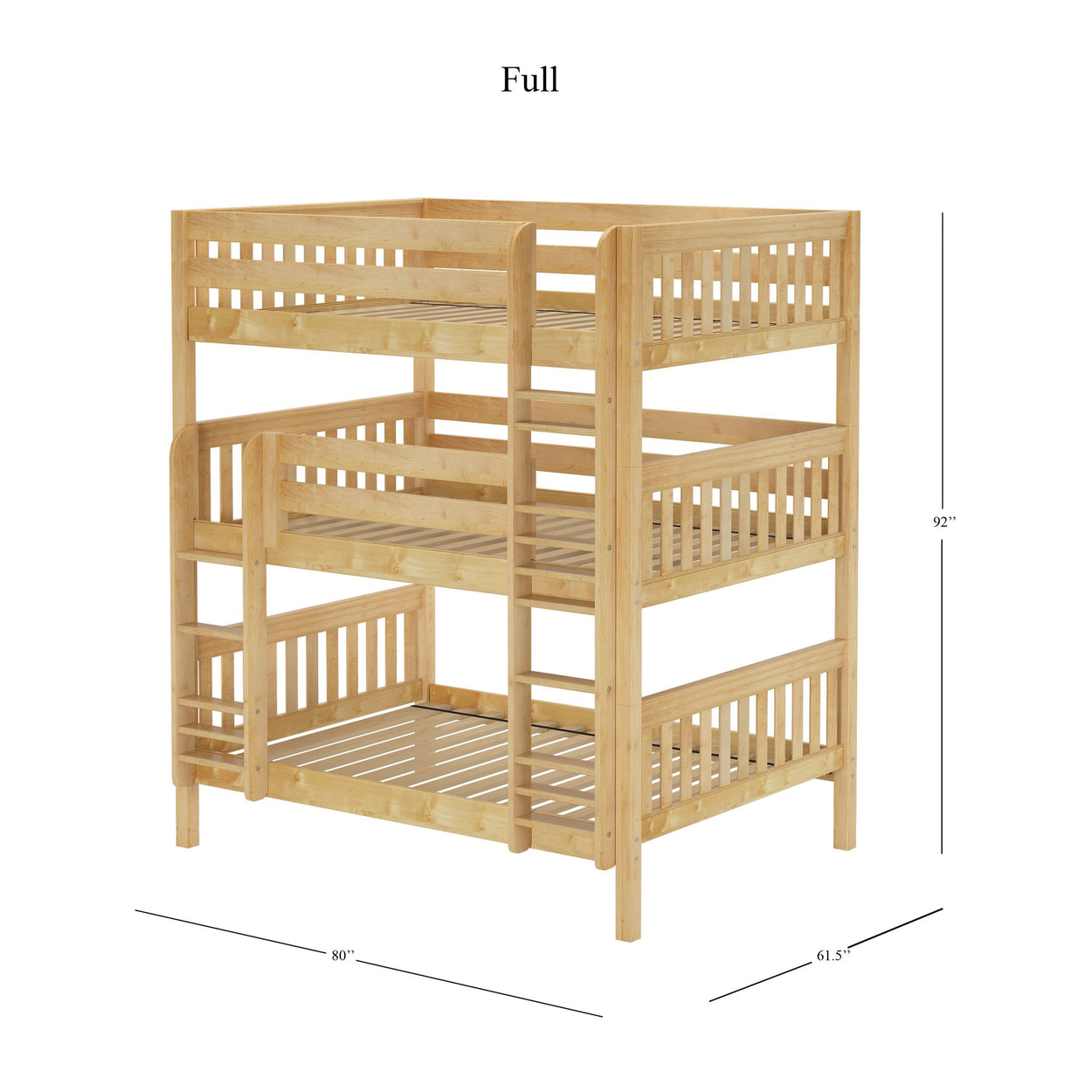 Triple bunk bed with natural wood finish and full-size dimensions of 80" x 61.5" x 92", showcasing sturdy construction and built-in ladder for optimal space-saving in kids' rooms.