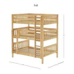 Triple bunk bed with natural wood finish and full-size dimensions of 80" x 61.5" x 92", showcasing sturdy construction and built-in ladder for optimal space-saving in kids' rooms.