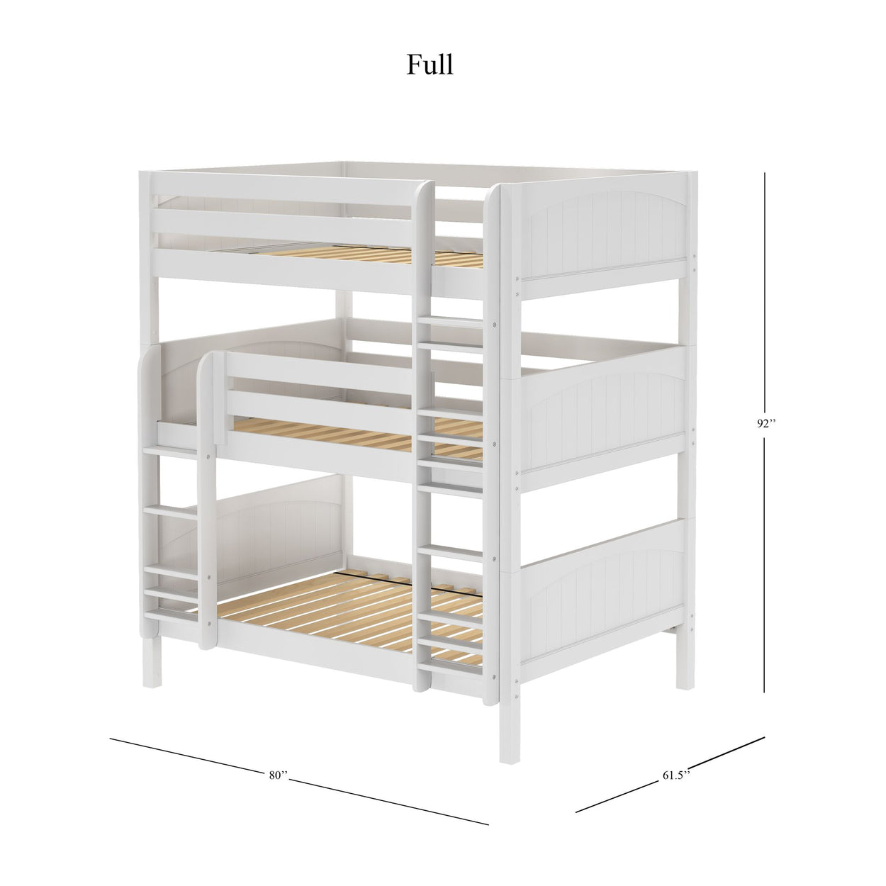 Triple bunk bed in white with integrated ladders and safety rails, measuring 80 inches in length, 61.5 inches in width, and 92 inches in height, perfect for maximizing space in children's bedrooms.