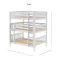 White full-size triple bunk bed with built-in ladder and safety guardrails, slatted wood mattress supports, space-saving loft design for kids' bedrooms