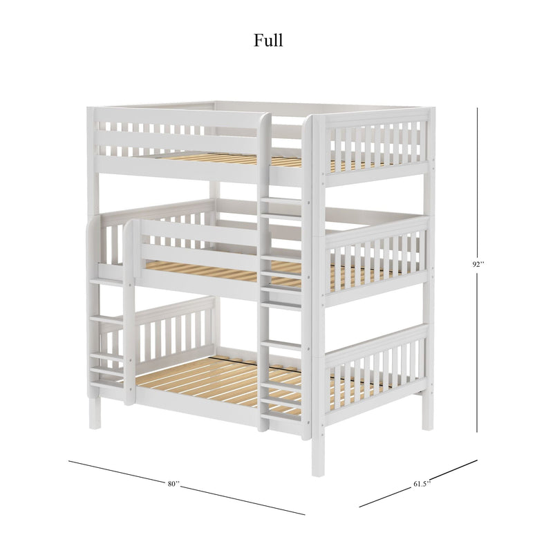 White full-size triple bunk bed with built-in ladder and safety guardrails, slatted wood mattress supports, space-saving loft design for kids' bedrooms
