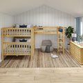 Wooden bunk beds with ladder in cozy kids' bedroom featuring blue bedding, shiplap accent wall, woven jute rug and natural wood dresser
