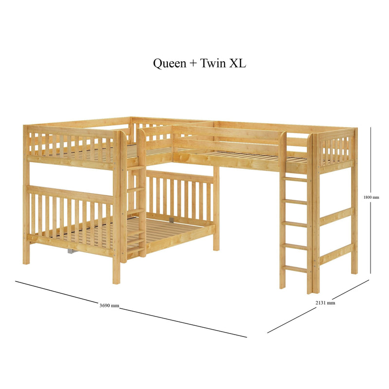 Queen + Twin XL L-shaped loft bunk bed in natural pine with ladder and slatted guardrails, 3690×2131 mm