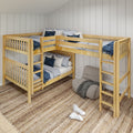 Space-saving natural wood bunk beds with ladders and blue-and-white bedding in a cozy kids' bedroom with shiplap walls and woven rug