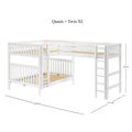White solid wood bunk bed in Queen + Twin XL configuration with ladder, guardrails and slatted mattress platforms, space-saving kids' loft design measuring 3690 x 2131 mm