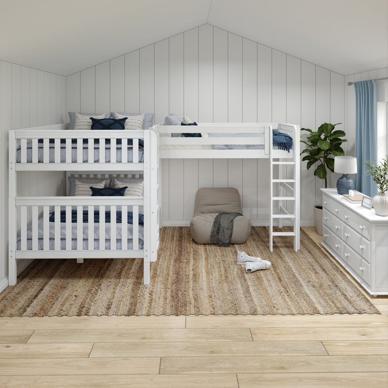 White wooden bunk beds in a coastal farmhouse kids bedroom with navy pillows, light blue curtains, shiplap vaulted walls, jute rug, ladder, white dresser and fiddle‑leaf fig plant on light hardwood floors